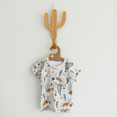 Nautilus organic cotton baby and kids T-shirt ocean print sea horses, elegant nautilus, corals and shells. Unisex print suitable for boys and girls. 